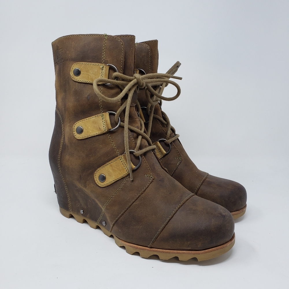 Sorel Brown Leather Lace-Up Wedge Ankle Boots